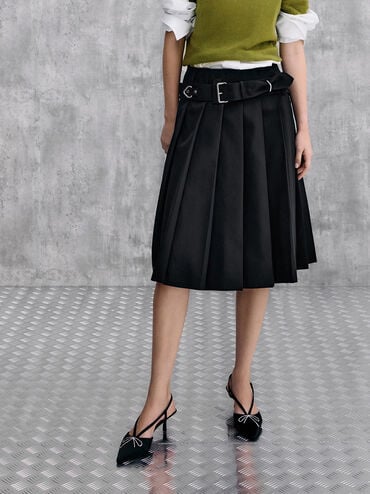 Recycled Polyester Crystal-Bow Kitten-Heel Slingback Pumps, Black Textured, hi-res
