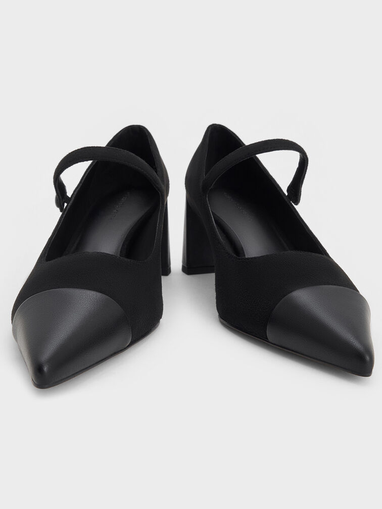 Faux Suede Cap-Toe Pointed Mary Jane Pumps, Black Textured, hi-res