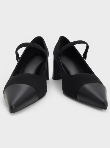 Faux Suede Cap-Toe Pointed Mary Jane Pumps, Black Textured, hi-res