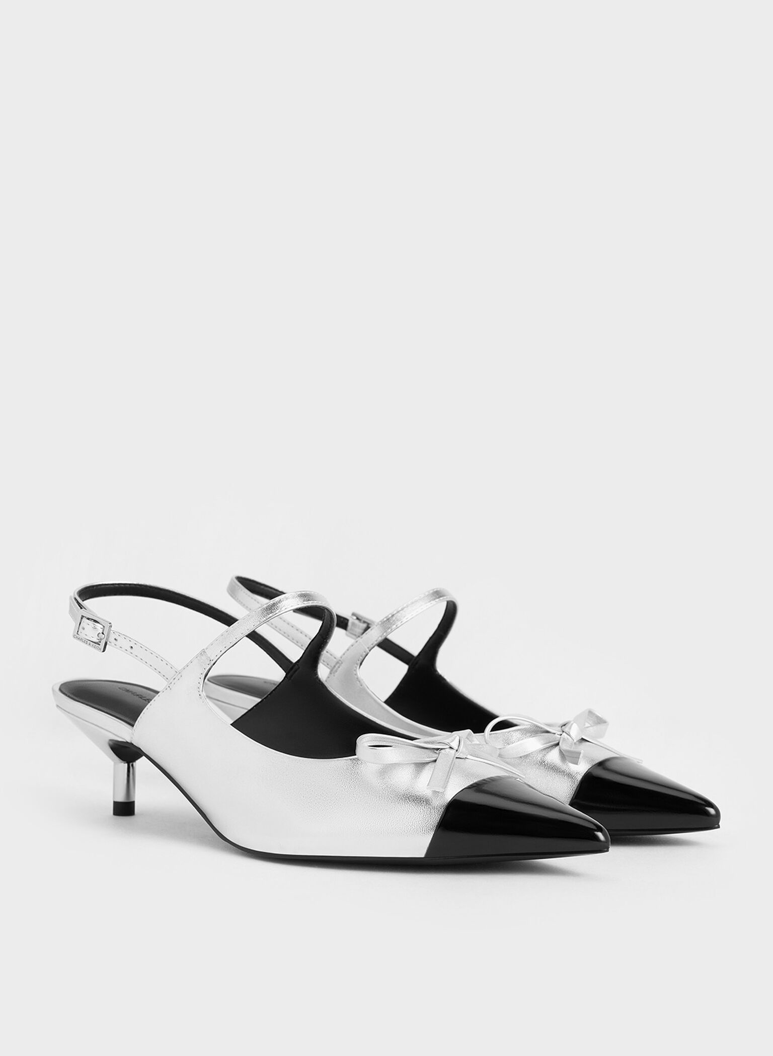 Metallic Bow Cap-Toe Kitten-Heel Slingback Pumps, Silver, hi-res