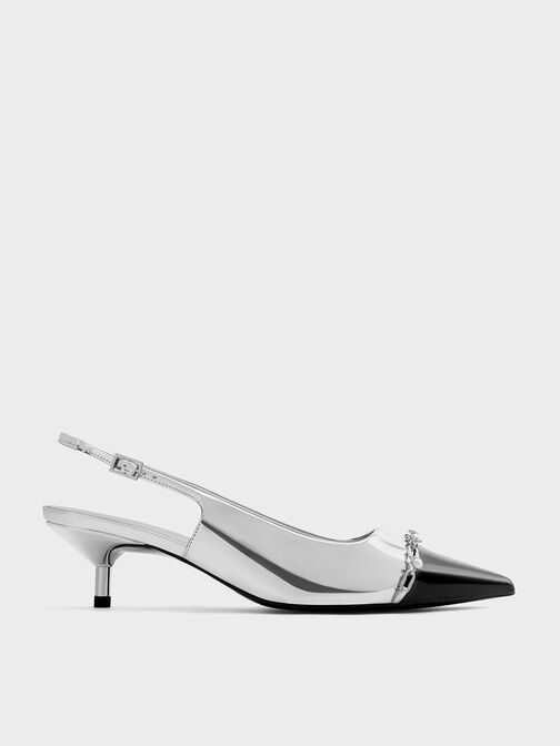 Metallic Pearl Chain-Link Slingback Pumps, Silver, hi-res
