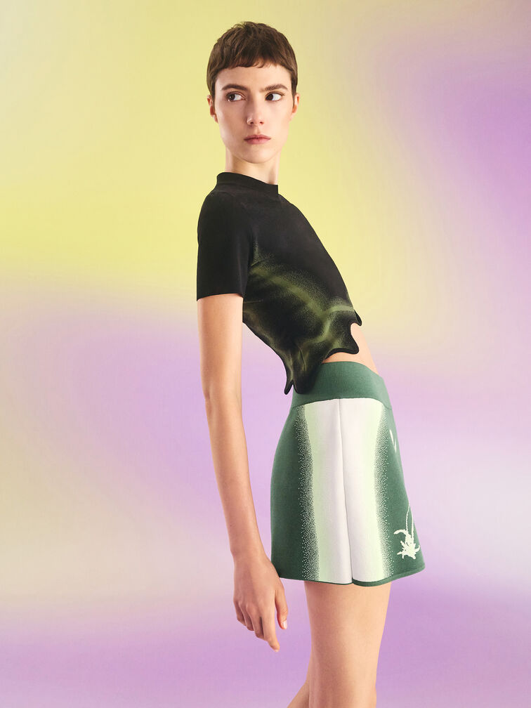 Recycled Polyester Knitted Gradient Wave-Hem Crop Top, Green, hi-res