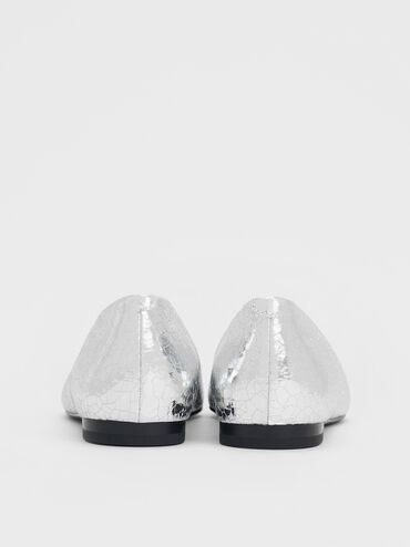Metallic Crinkle-Effect Asymmetrical Square-Toe Ballet Flats, Silver, hi-res