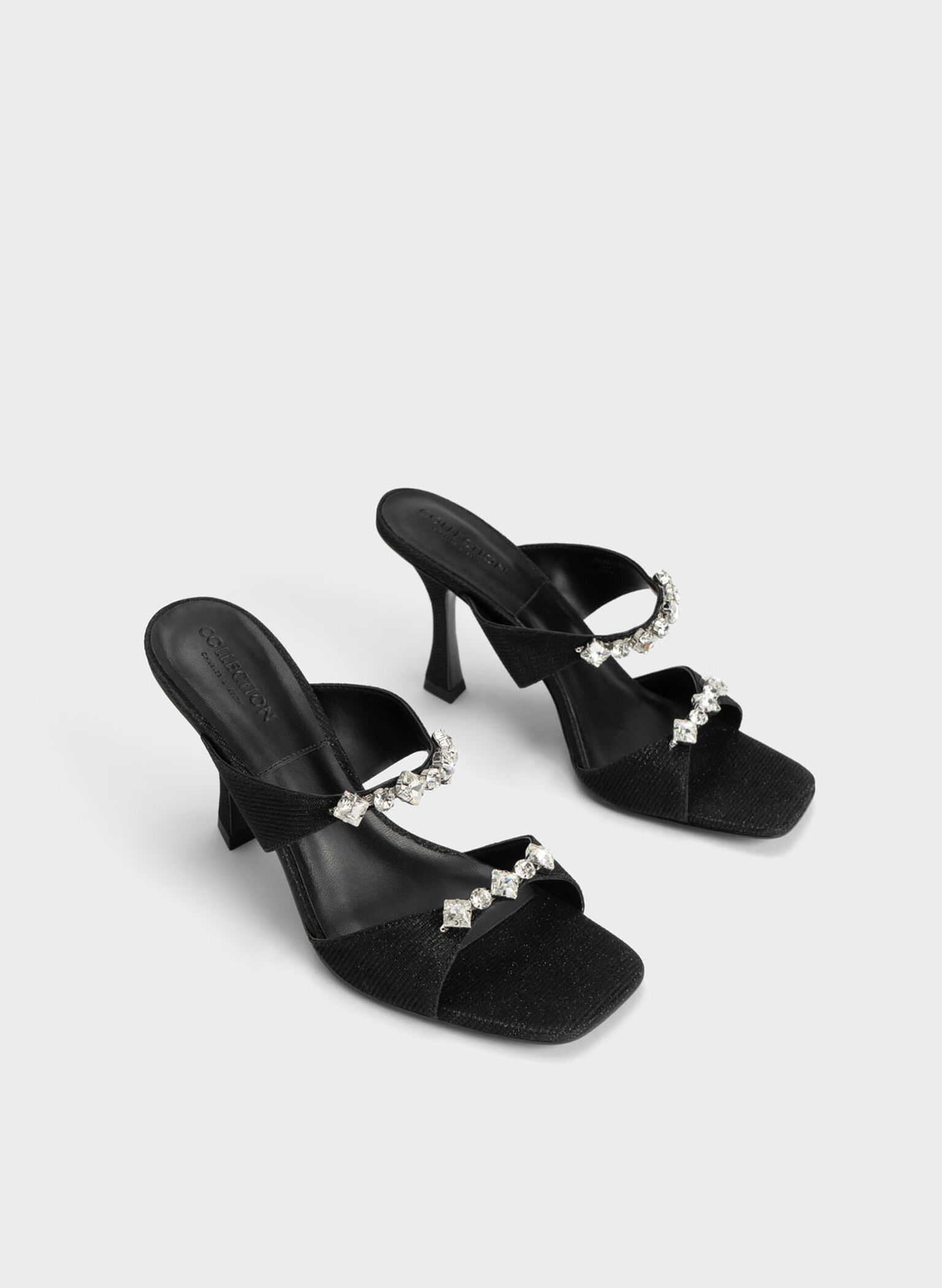 Glittered Gem-Encrusted Sandals, Black, hi-res