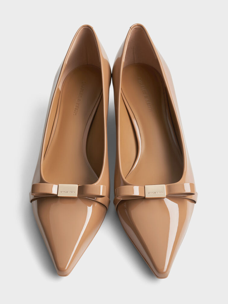 Dorian Patent Bow Pointed-Toe Block-Heel Pumps, Caramel, hi-res