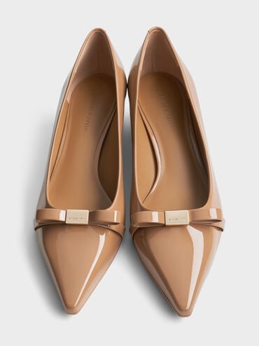 Dorian Patent Bow Pointed-Toe Block-Heel Pumps, Caramel, hi-res