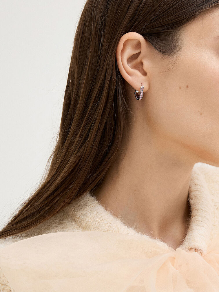 Malorie Crystal Heart Hoop Earrings, Silver, hi-res