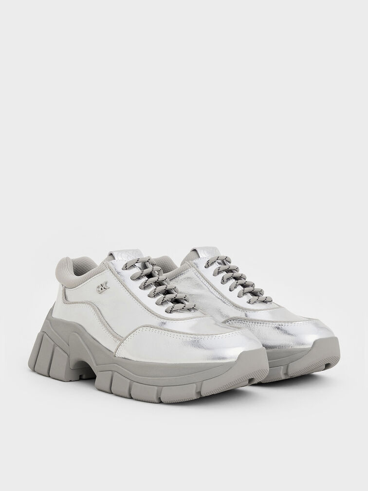 Yunna Metallic Leather & Recycled Fabric Chunky Sneakers, Silver, hi-res