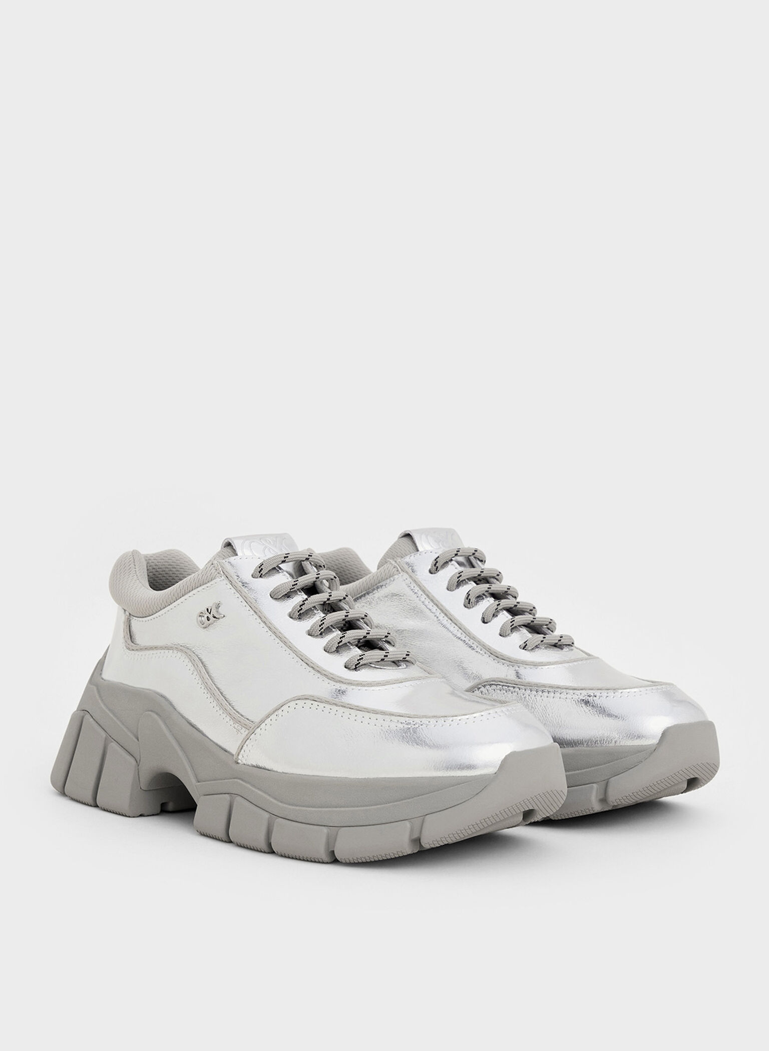 Yunna Metallic Leather & Recycled Fabric Chunky Sneakers, Silver, hi-res
