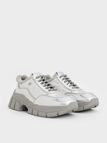 Yunna Metallic Leather & Recycled Fabric Chunky Sneakers, Silver, hi-res