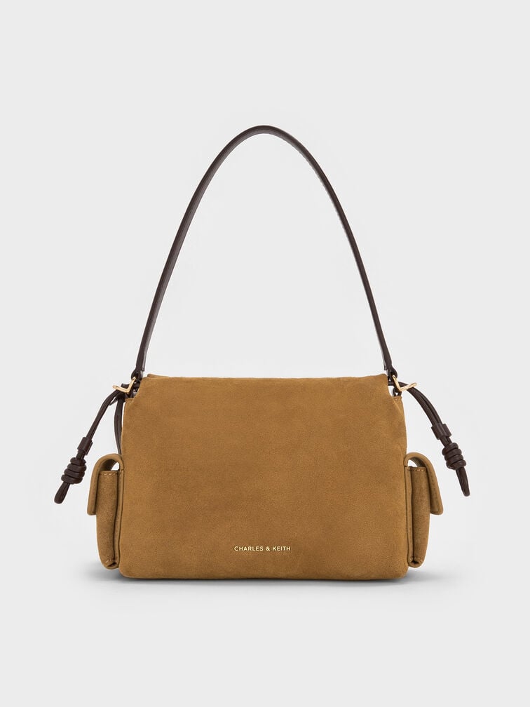 Khai Recycled Suede Ruched-Flap Side-Pocket Top Handle Bag, Sahara Sand, hi-res
