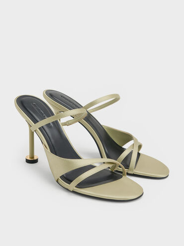 Wynn Recycled Polyester Crossover Sculptural-Heel Strappy Mules, Green, hi-res