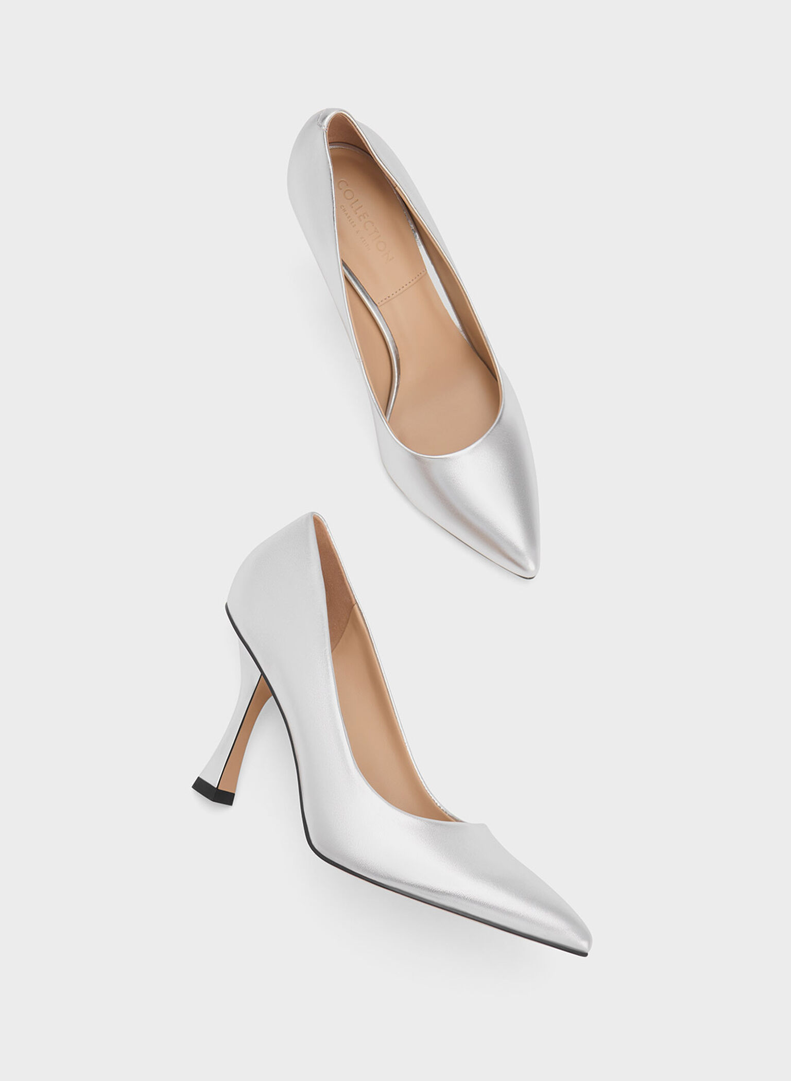 Metallic Leather Flare Heel Pumps, Silver, hi-res