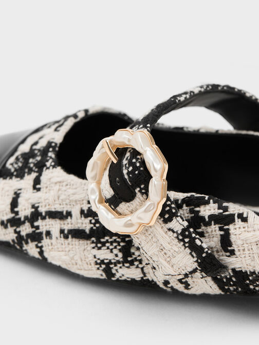 Tweed Pearl Buckle Mary Jane Mules, Black, hi-res