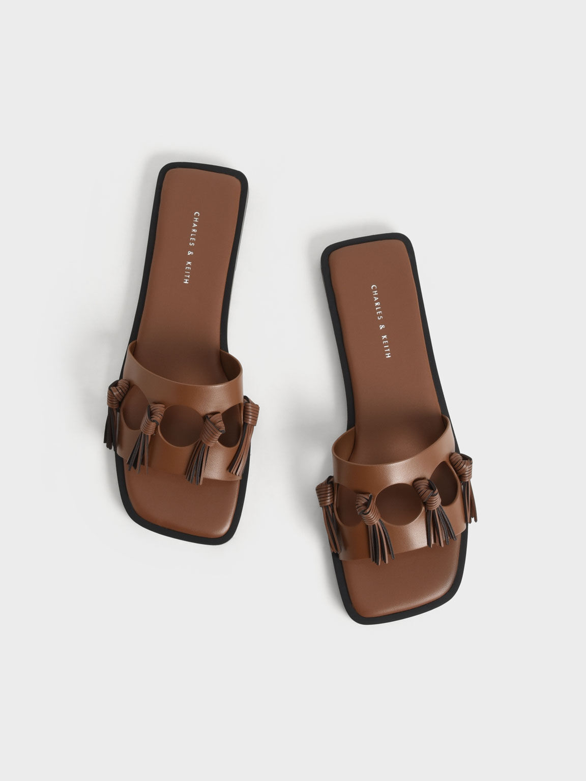 Fringe Detail Slide Sandals, Brown, hi-res