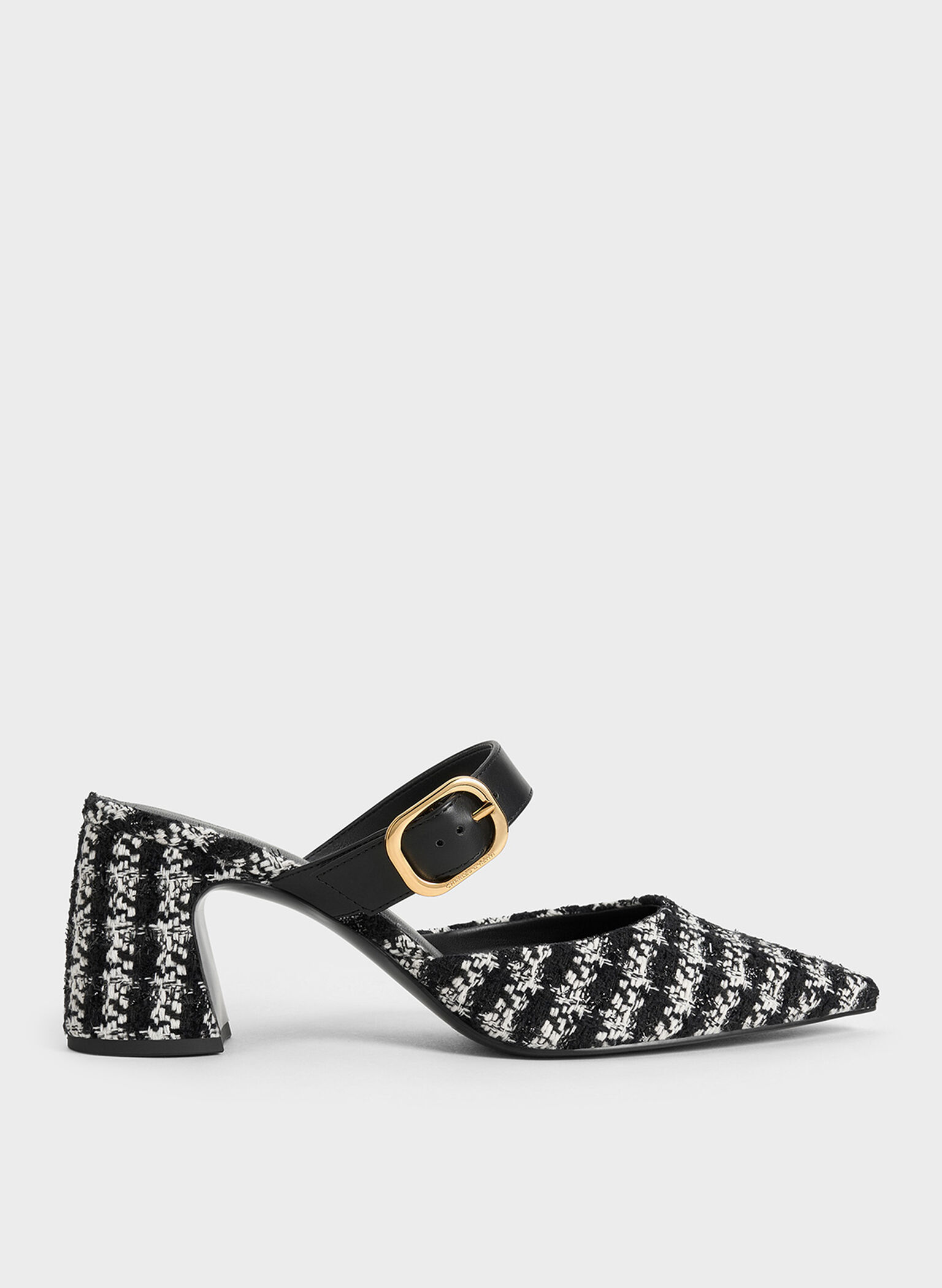 Tweed Pointed-Toe Mary Jane Heeled Mules, Black Textured, hi-res