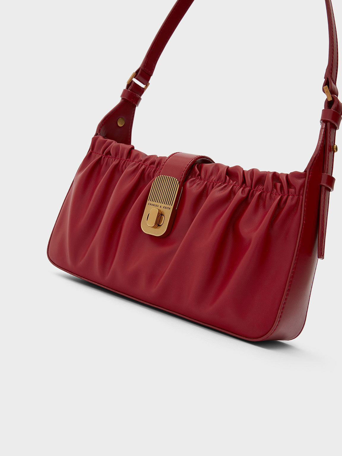 Enya Ruched Turn-Lock Shoulder Bag, Red, hi-res