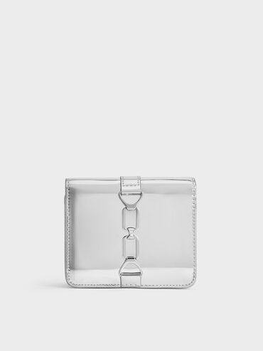 Agatha Metallic Chain-Accent Card Holder, Silver, hi-res