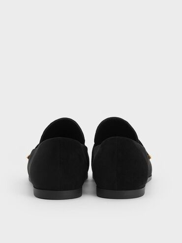 Faux Suede Almond-Toe Flat Loafers, Black Textured, hi-res