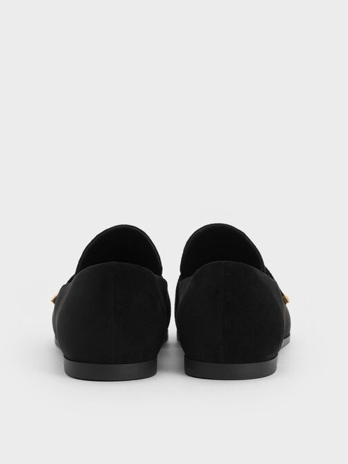 Faux Suede Almond-Toe Flat Loafers, Black Textured, hi-res