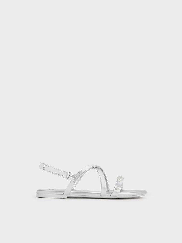 Girls' Flower-Beaded Strappy Sandals, Silver, hi-res