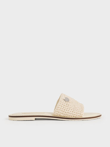 Raffia Woven Slide Sandals, Chalk, hi-res