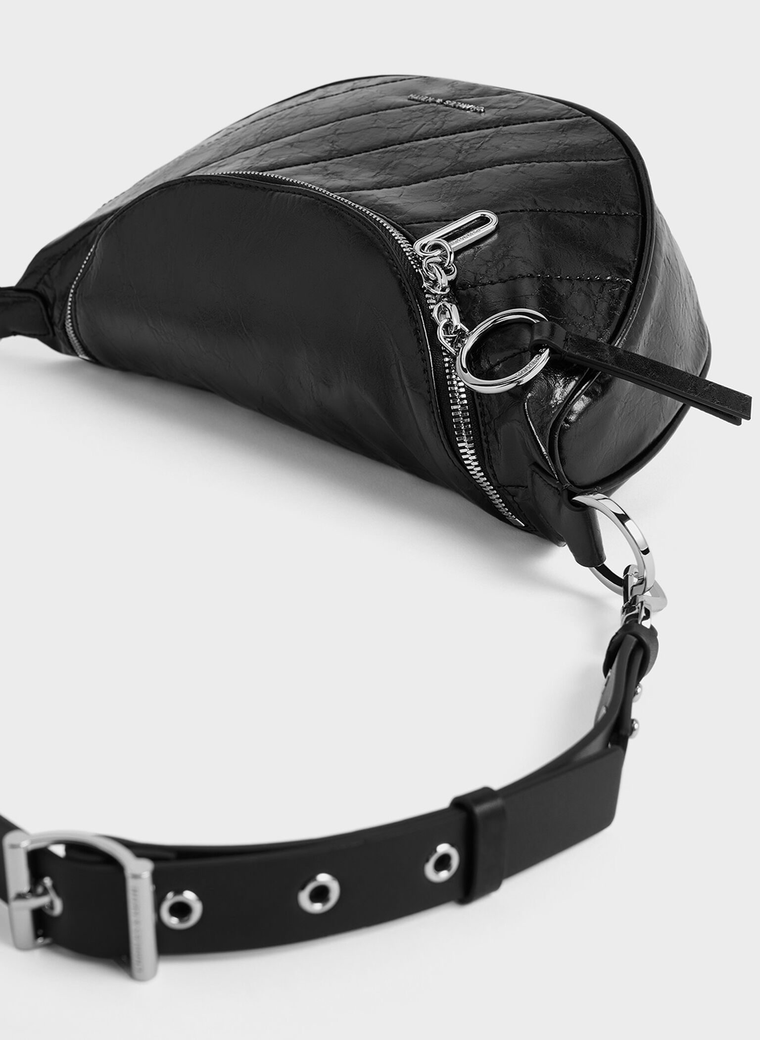 Philomena Crinkle-Effect Half-Moon Crossbody Bag, Noir, hi-res
