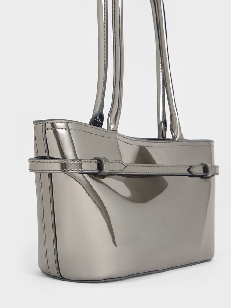 Sloane Metallic Elongated-Handle Shoulder Bag, Pewter, hi-res