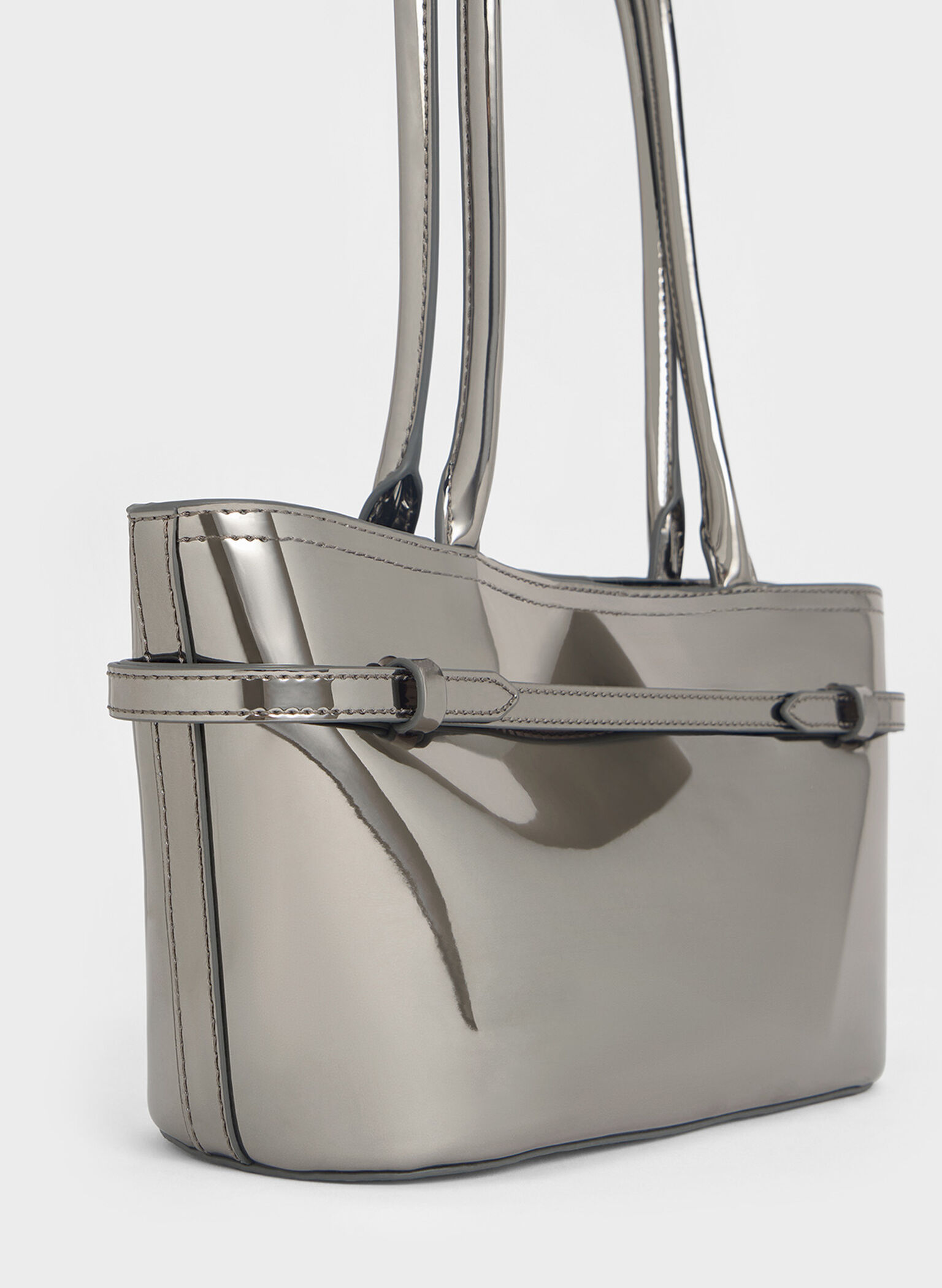 Sloane Metallic Elongated-Handle Shoulder Bag, Pewter, hi-res