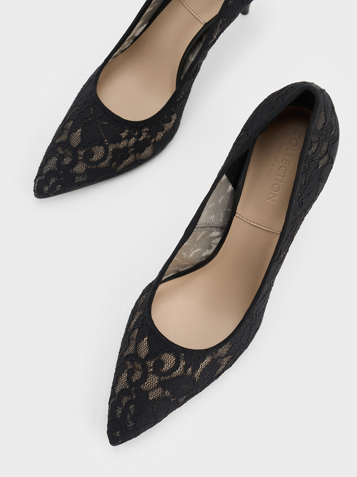 Black Textured Lace Mesh Pointed Toe Pumps CHARLES KEITH UK