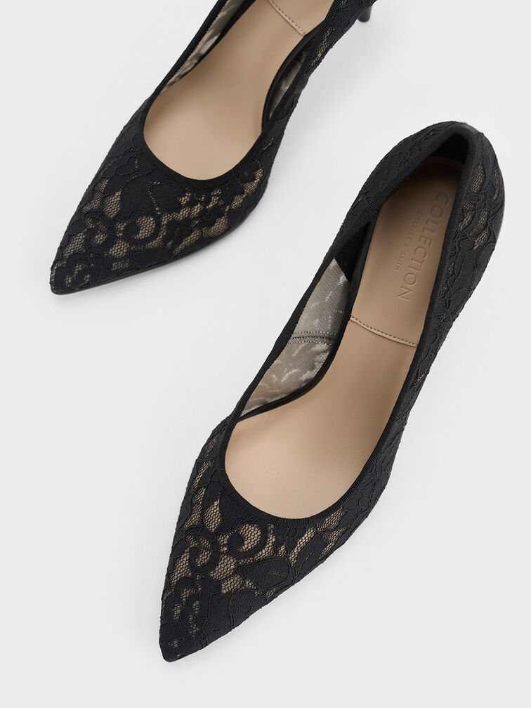 Lace & Mesh Pointed-Toe Pumps, Black Textured, hi-res