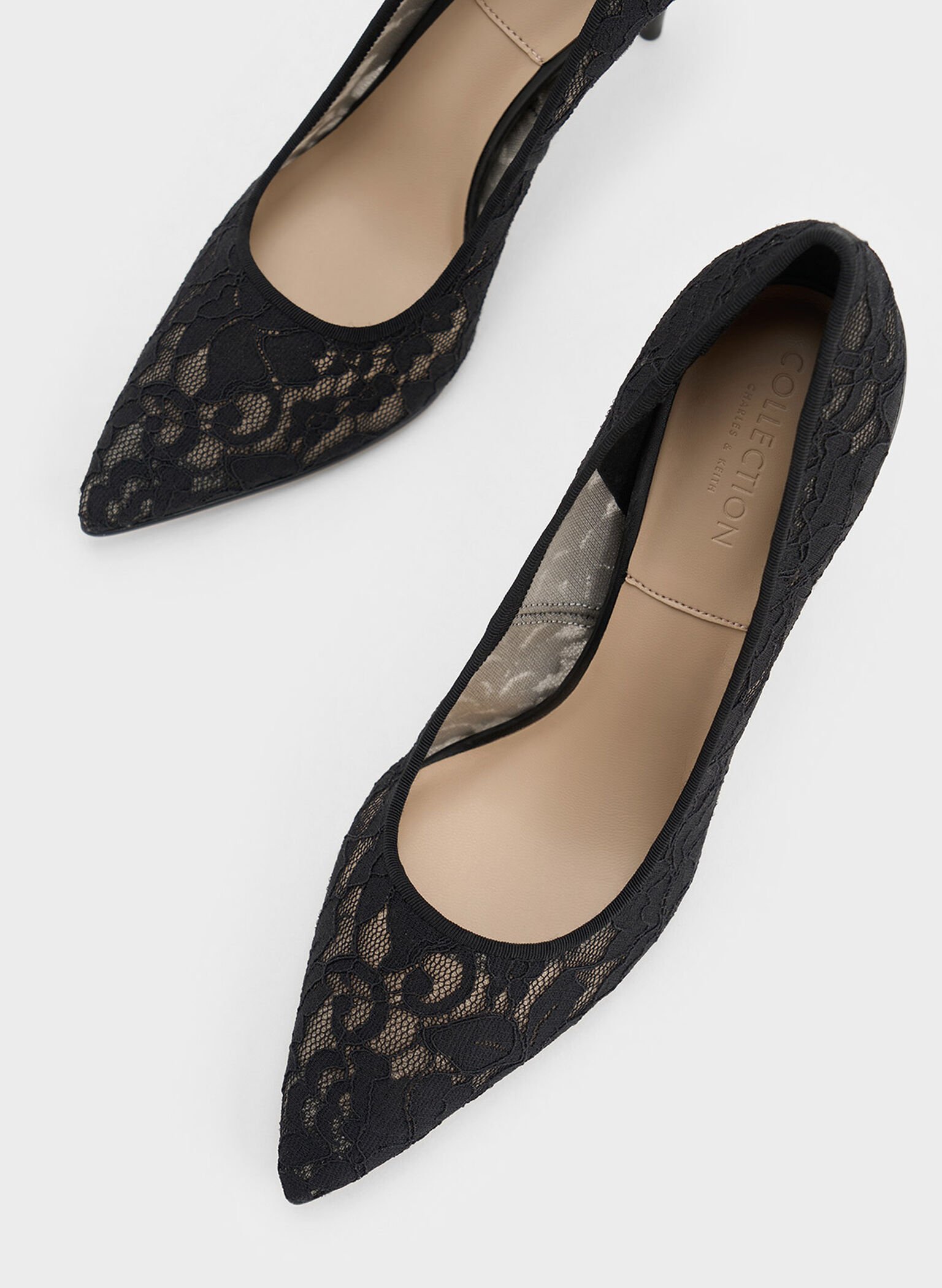 Lace & Mesh Pointed-Toe Pumps, Black Textured, hi-res