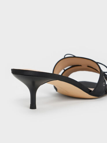 Satin Lace-Up Double-Strap Kitten-Heel Mules, Black Textured, hi-res