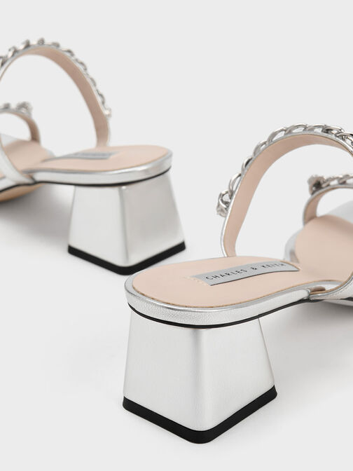 Chain-Link Block Heel Sandals, Silver, hi-res