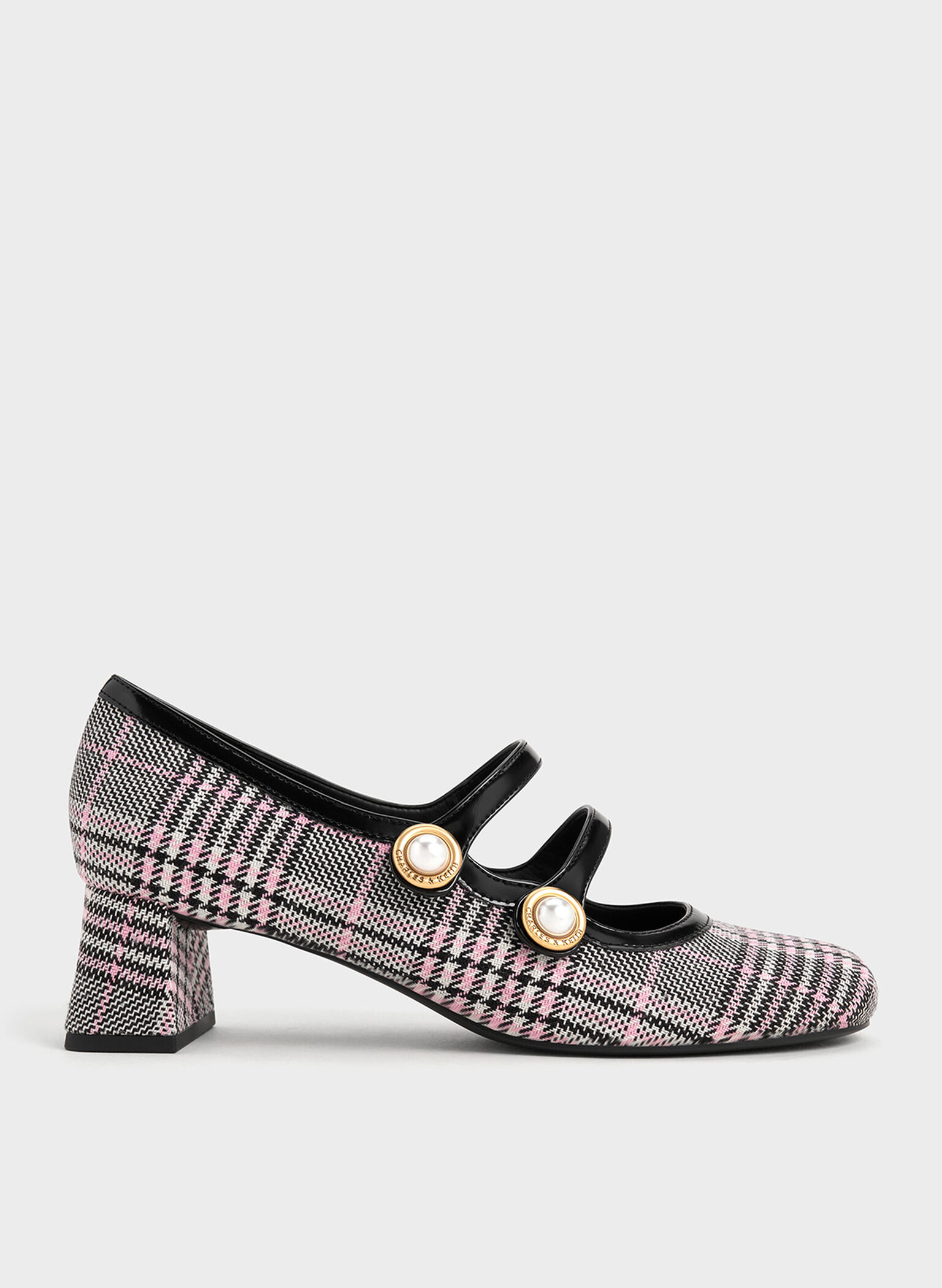 Plaid Pearl-Buckle Mary Jane Pumps, Pink, hi-res