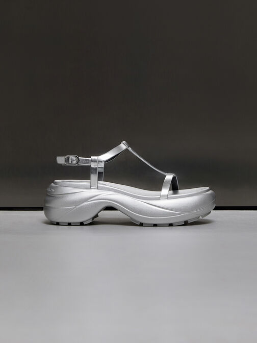 Metallic T-Bar Curved Platform Sports Sandals, Silver, hi-res