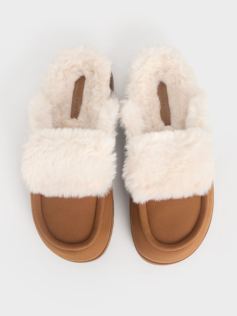 Textured Fur-Trim Flatform Mules, Brown, hi-res