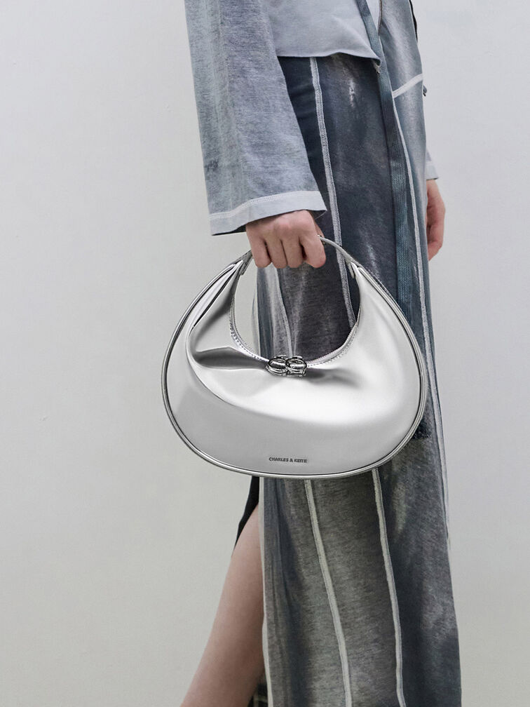 Metallic Crescent Hobo Bag, Silver, hi-res