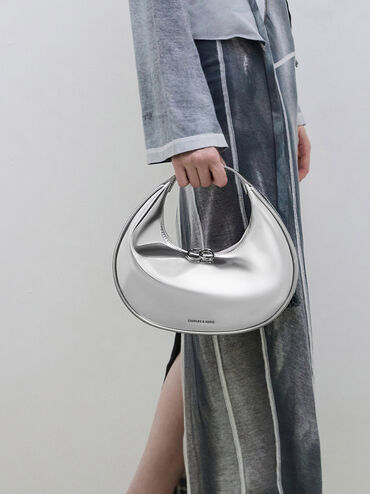 Metallic Crescent Hobo Bag, Silver, hi-res
