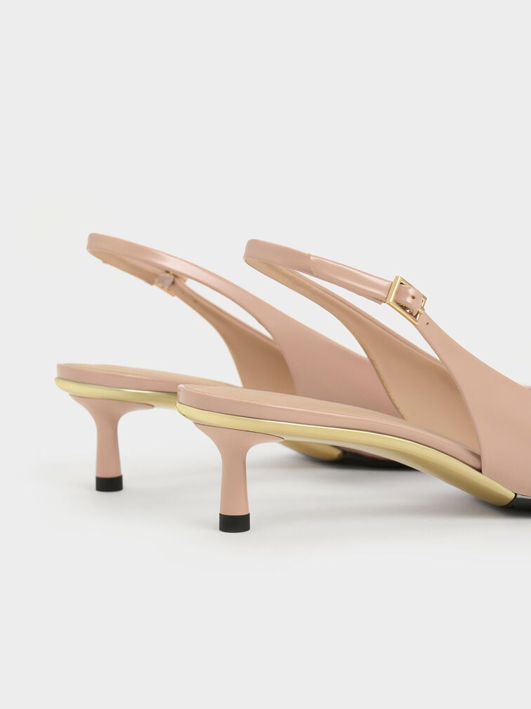 Curtis Patent Pointed-Toe Kitten-Heel Slingback Pumps, Nude, hi-res