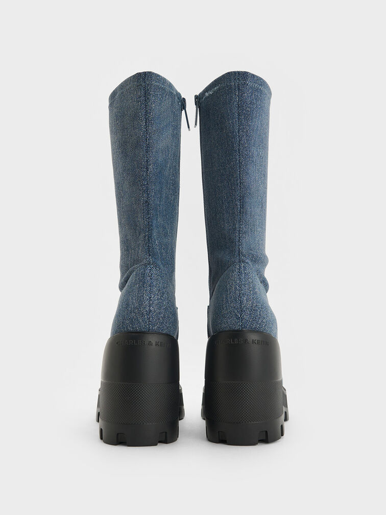 Denim Side-Zip Platform Calf Boots, Denim Blue, hi-res