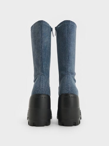 Denim Side-Zip Platform Calf Boots, Denim Blue, hi-res