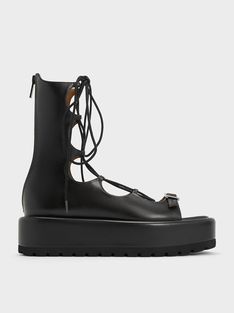 Gladiator Lace-Up Platform Sandals, Black, hi-res