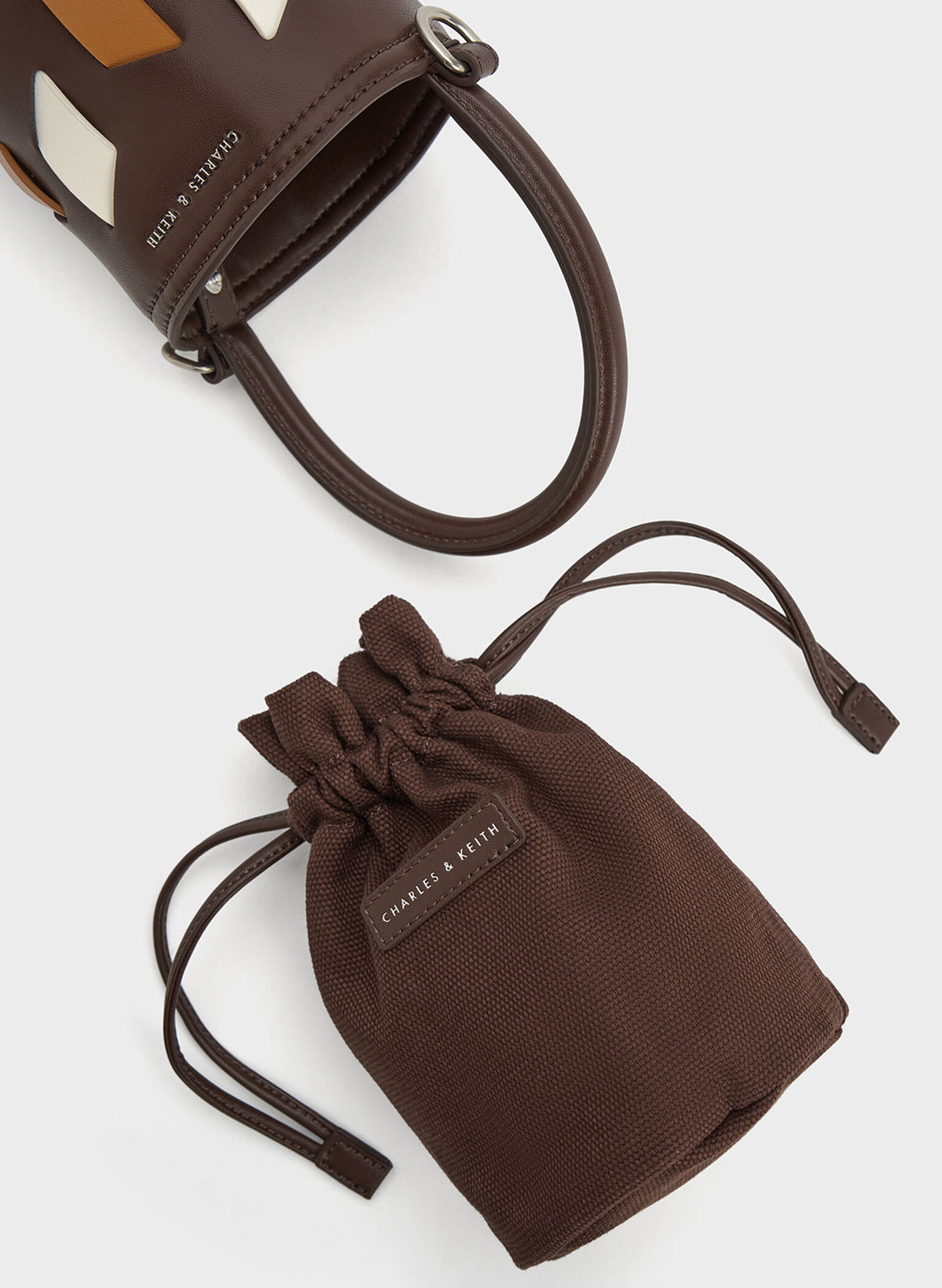 Canvas Panelled Bucket Bag, Dark Brown, hi-res