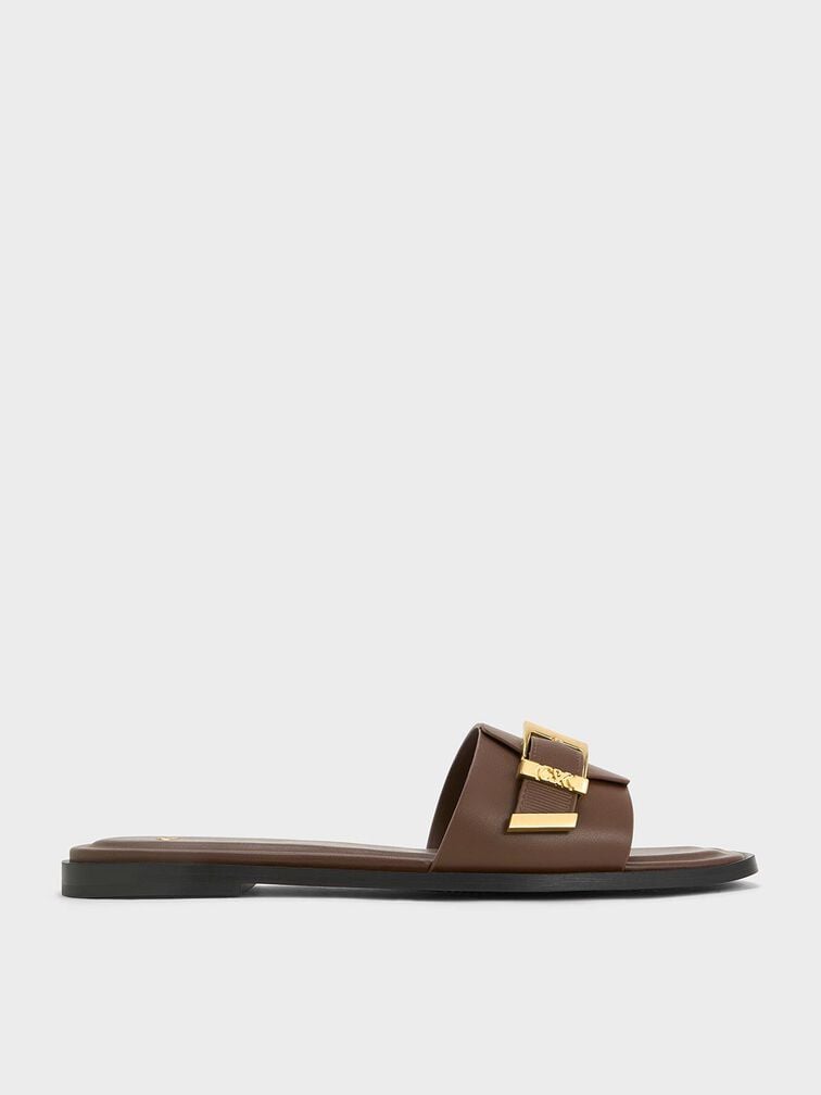 Whitney Leather Buckled Square-Toe Slide Sandals, Dark Brown, hi-res