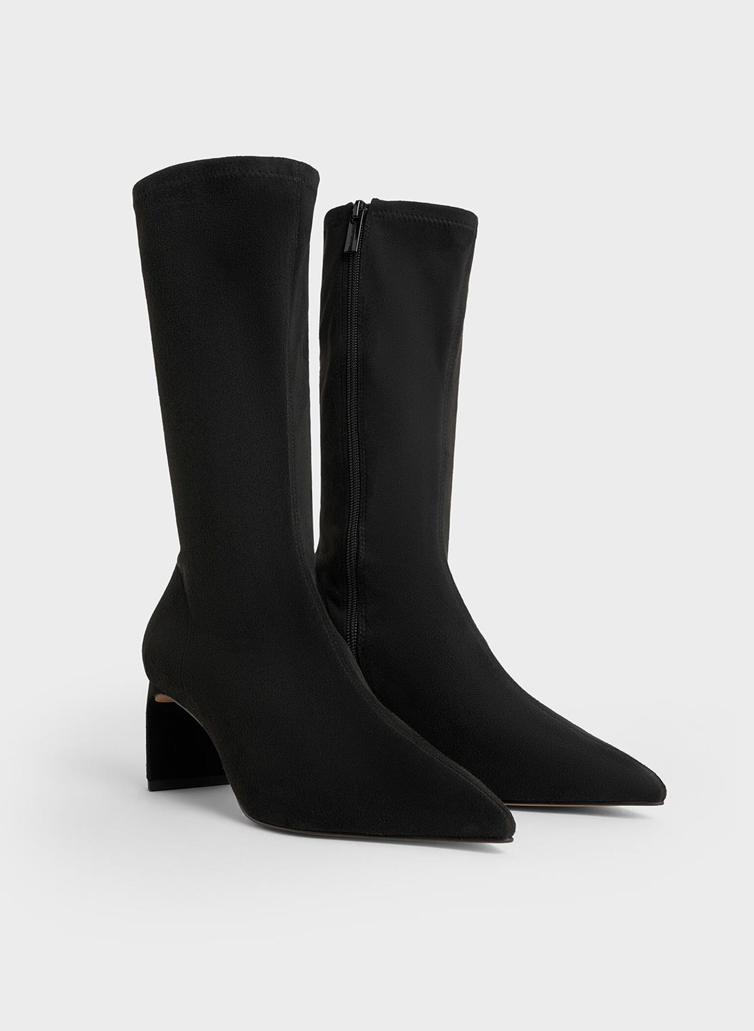 Faux Suede Blade-Heel Pointed-Toe Calf Boots, Black Textured, hi-res