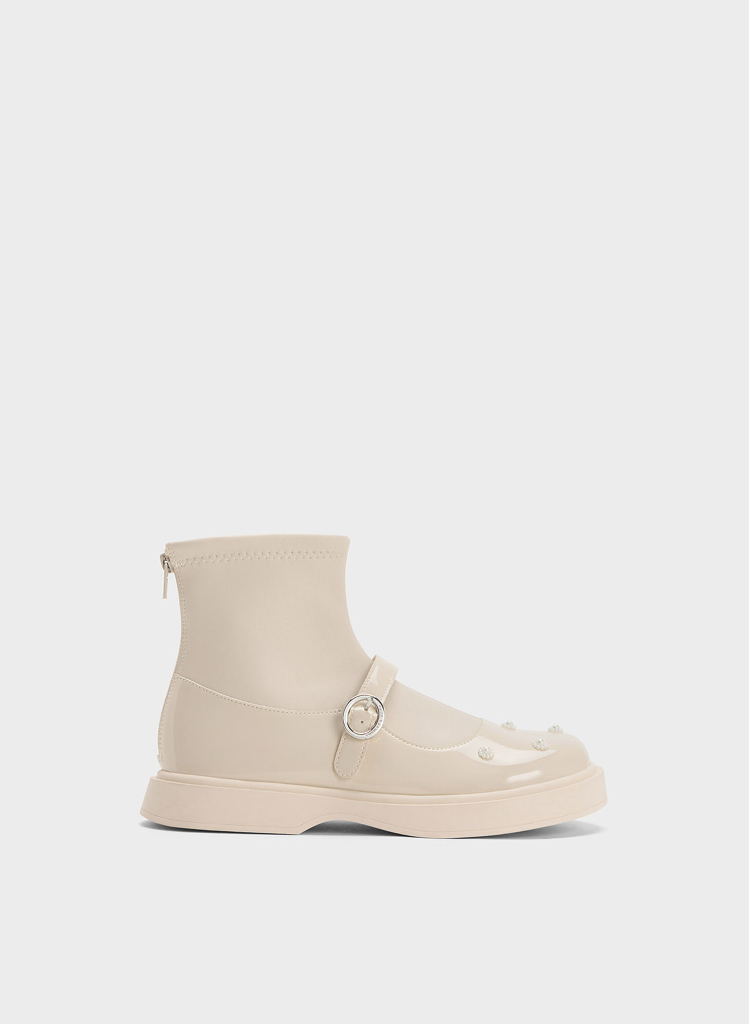 Girls' Patent Flower-Beaded Ankle Boots, Cream, hi-res