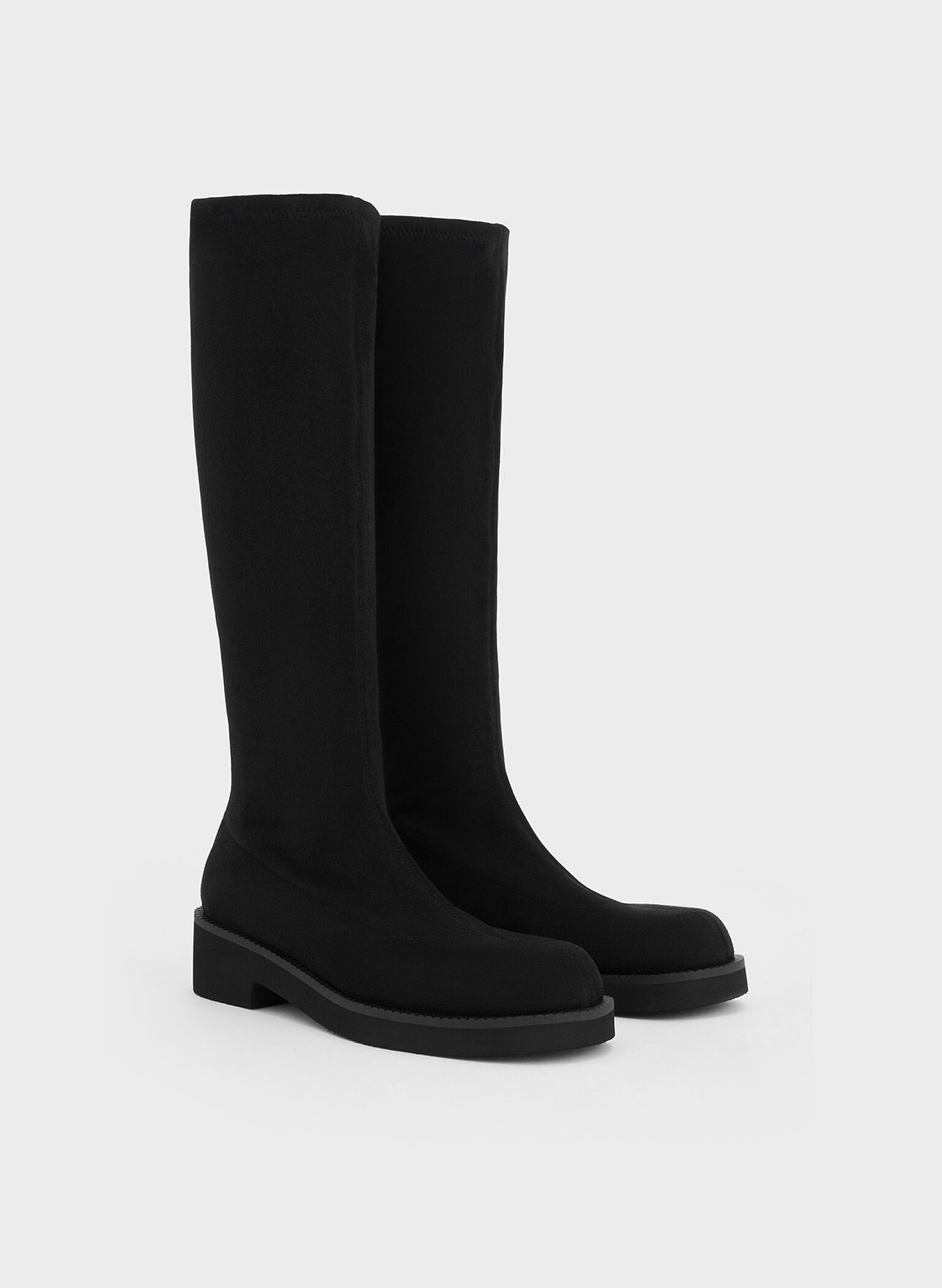 Faux Suede Chunky-Sole Knee-High Boots, Black Textured, hi-res