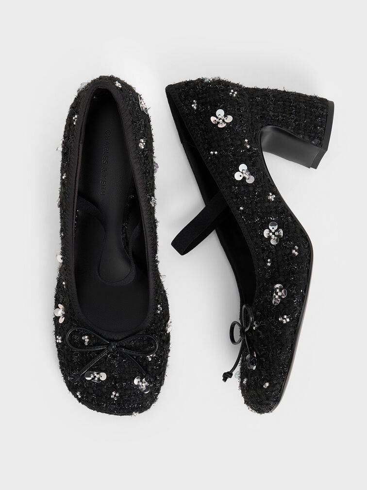 Mino Tweed Sequin-Flower Mary Jane Pumps, Black Textured, hi-res