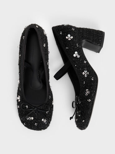 Mino Tweed Sequin-Flower Mary Jane Pumps, Black Textured, hi-res
